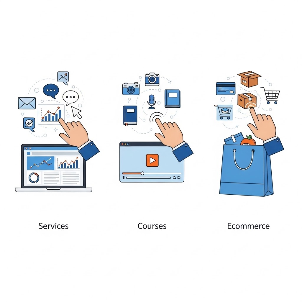Ilustración comparativa sobre qué SaaS usar para servicios, cursos y ecommerce.