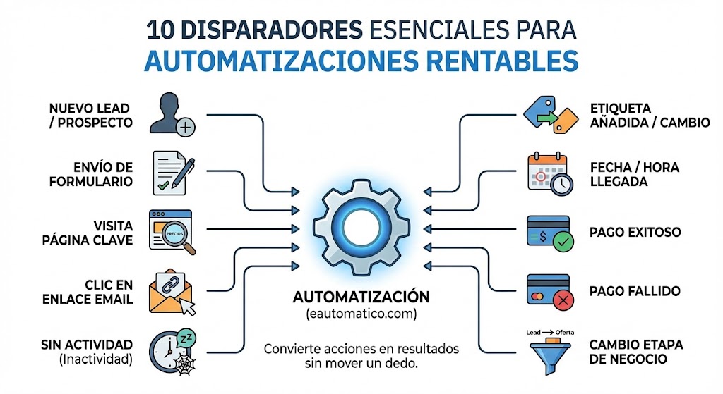 Infografía que ilustra 10 disparadores esenciales para crear automatizaciones rentables, como nuevo lead, pago exitoso o inactividad.