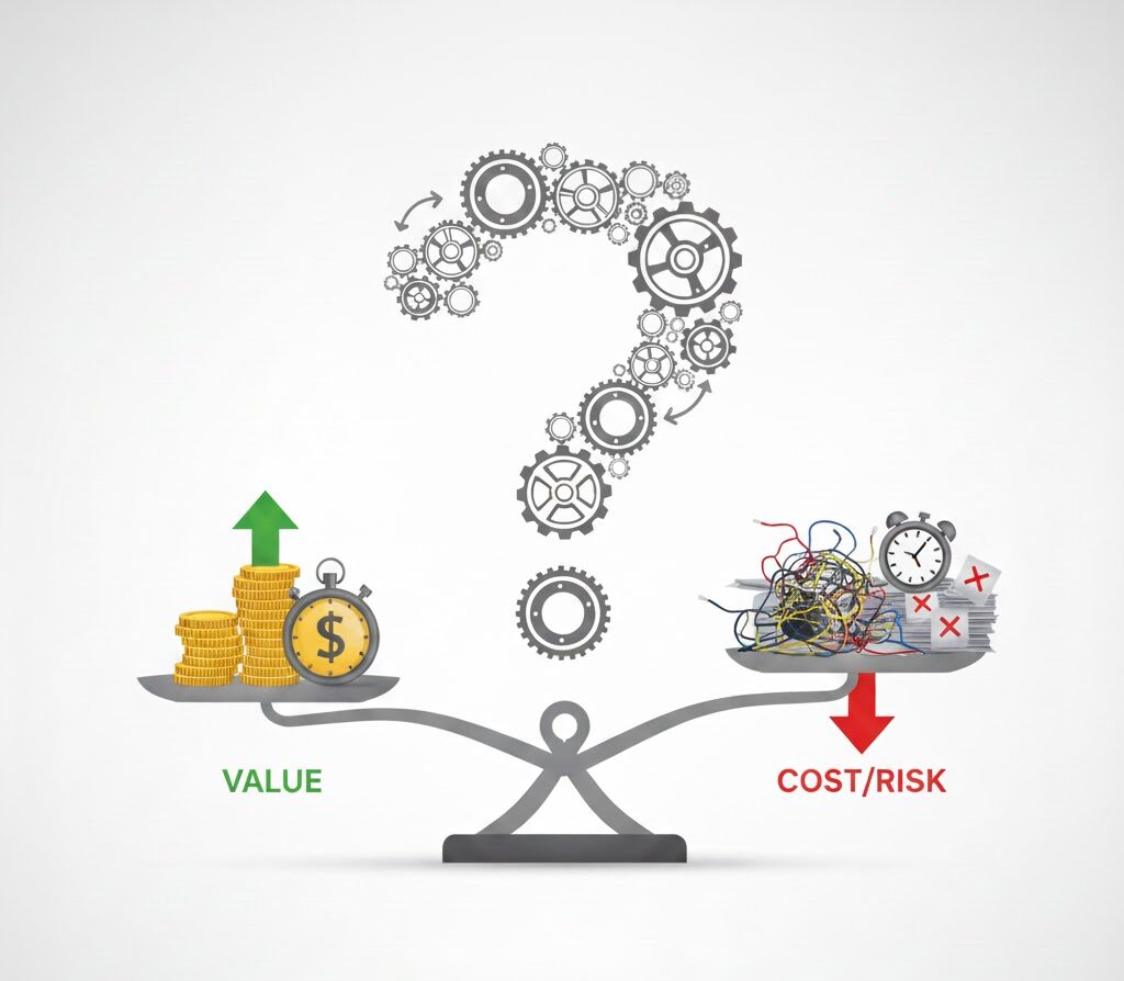 Balanza comparando el valor vs el costo y riesgo de una automatización