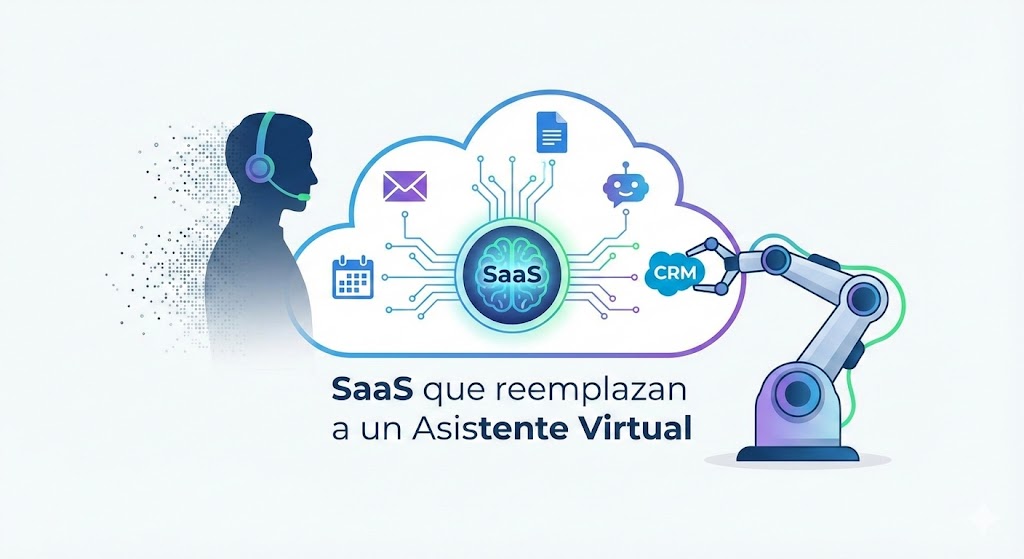 Ilustración que compara un asistente humano con la automatización mediante SaaS e inteligencia artificial.