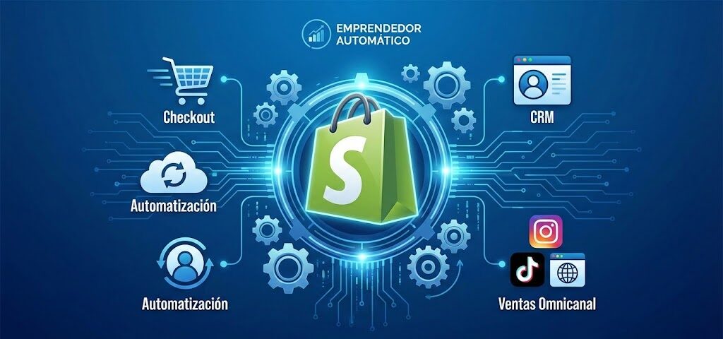 Qué es Shopify: Diagrama del sistema operativo de comercio electrónico mostrando integraciones con CRM y automatización