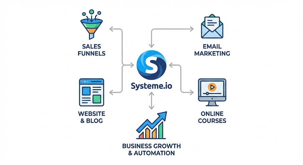 Diagrama del ecosistema todo-en-uno de Systeme.io: integración de funnels de venta, email marketing, sitios web, blog y cursos online para la automatización del negocio.