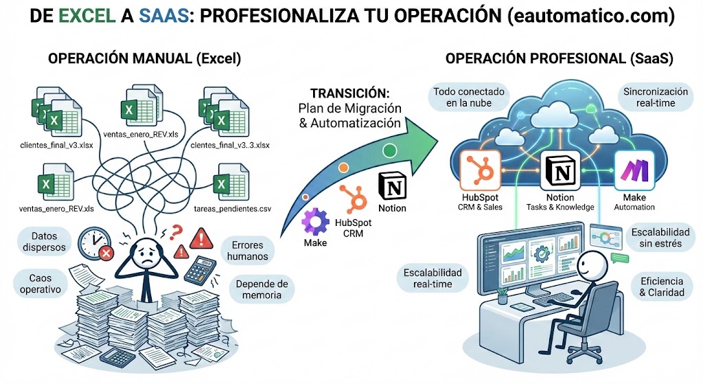 Infografía que ilustra el proceso de transición operativa de Excel a SaaS automatizado.