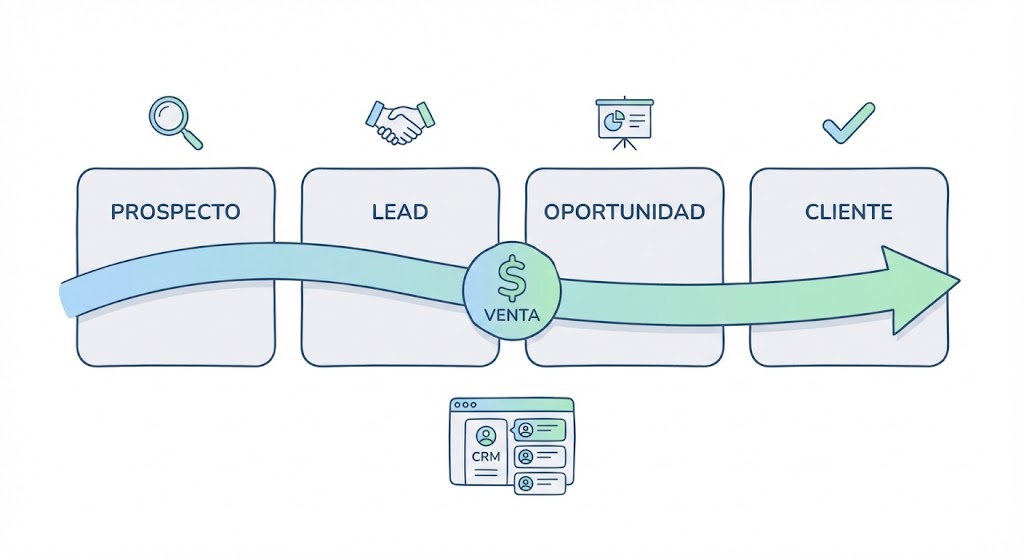Ilustración gráfica de las 4 etapas clave de un flujo de ventas minimalista.