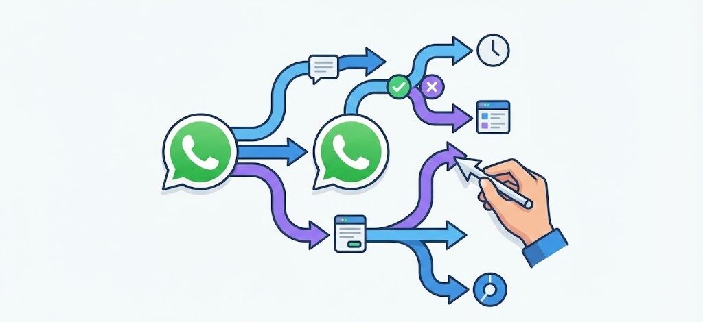 Diagrama visual que muestra el proceso de crear flujos de mensajes automatizados en WhatsApp.