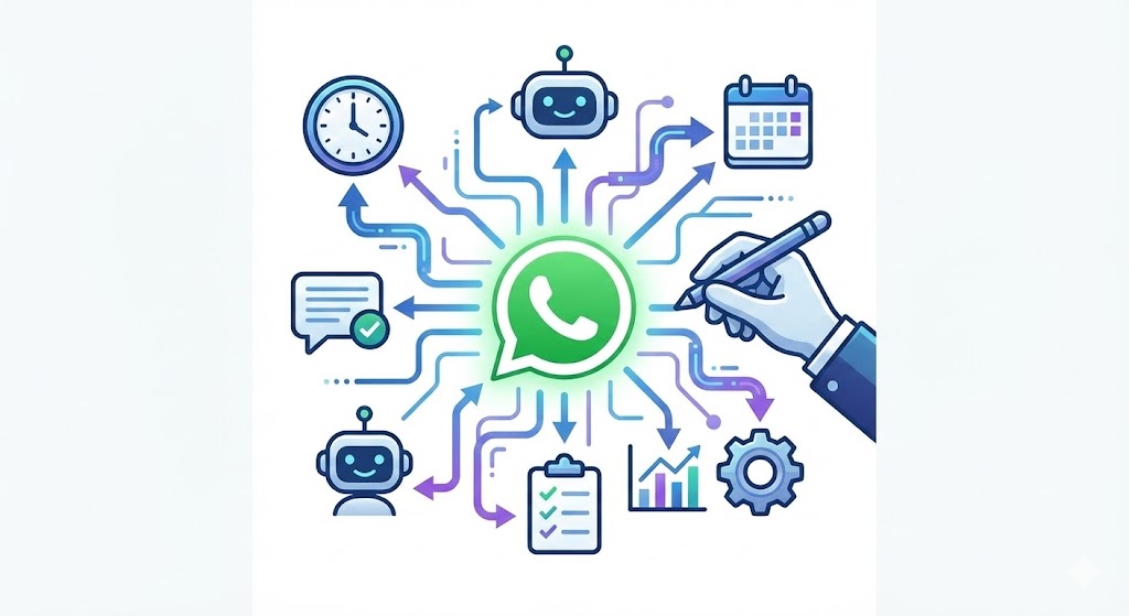 Ilustración conceptual de la automatización de WhatsApp conectando con chatbots, calendarios y análisis de datos.