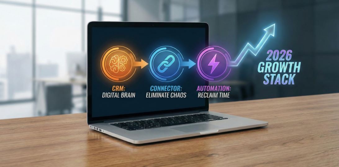 Ilustración del stack tecnológico de crecimiento para 2026: CRM, Conector y Automatización en una laptop.
