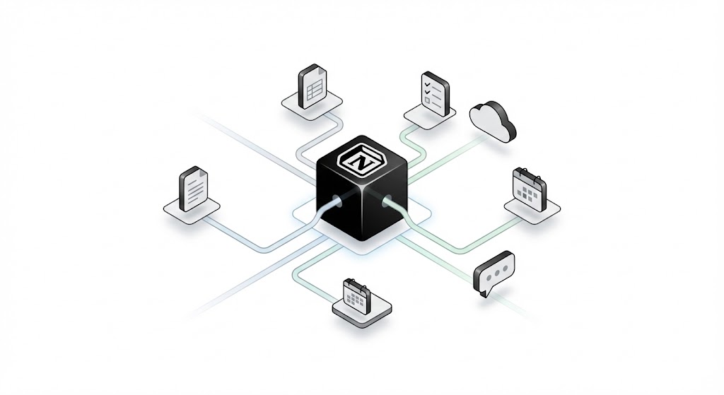 Ilustración isométrica de Notion centralizando documentos, tareas, calendario y comunicación