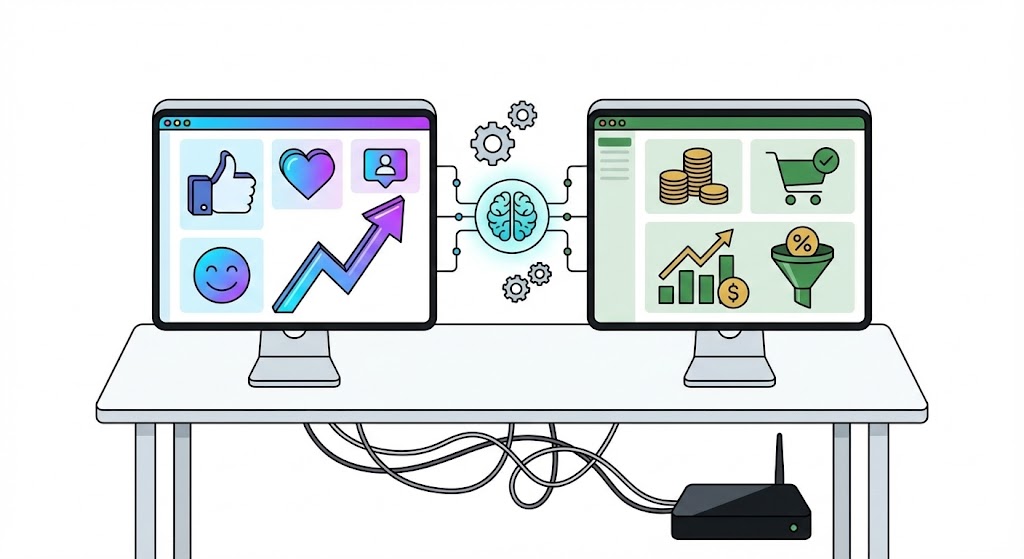 Comparativa visual entre métricas de vanidad en redes sociales y métricas de negocio rentables conectadas a un cerebro central