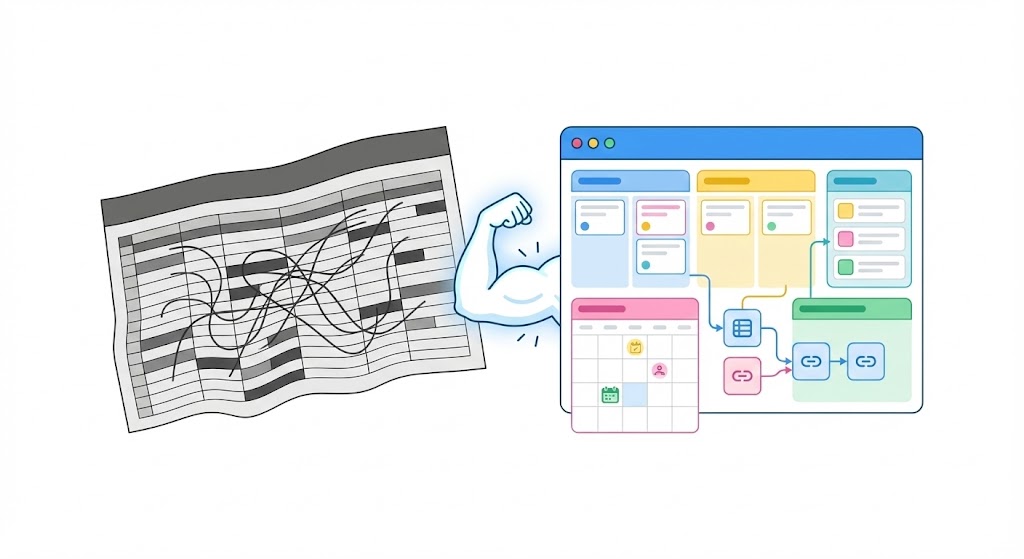 Ilustración isométrica de organización de datos y gestión de proyectos con Airtable
