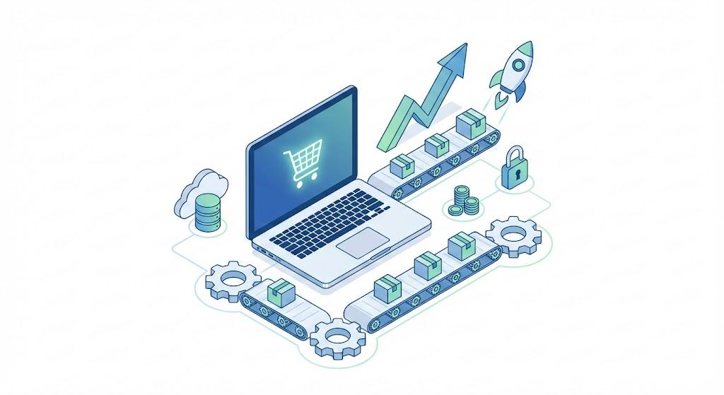 Ilustración isométrica de un ecosistema de ecommerce automatizado y escalable con Shopify