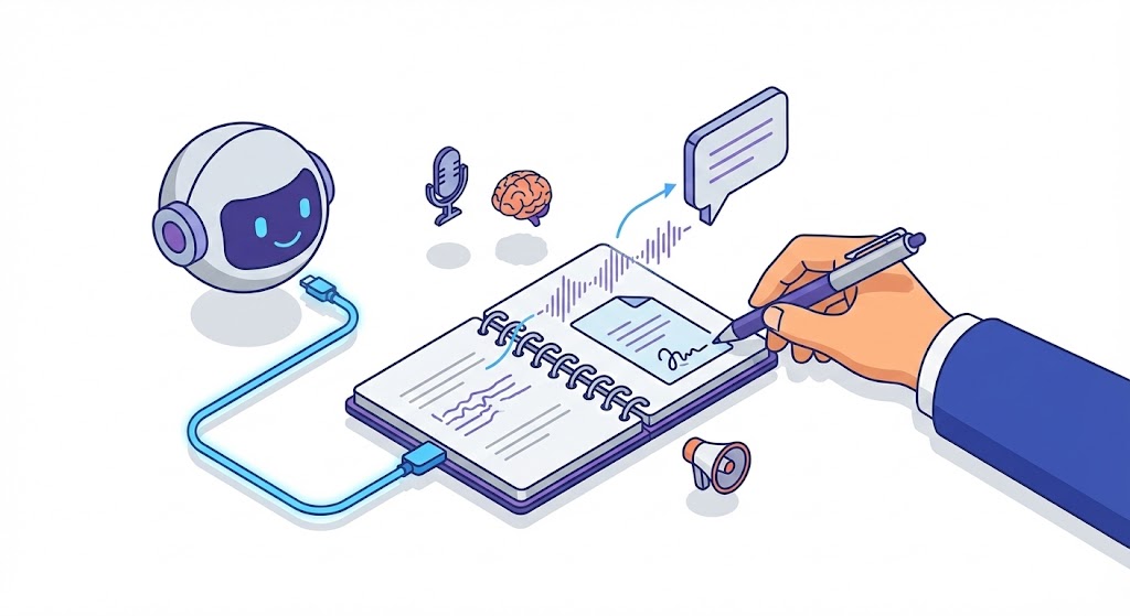 Ilustración de un robot conectado a una mano humana escribiendo, simbolizando el entrenamiento de estilo de ChatGPT