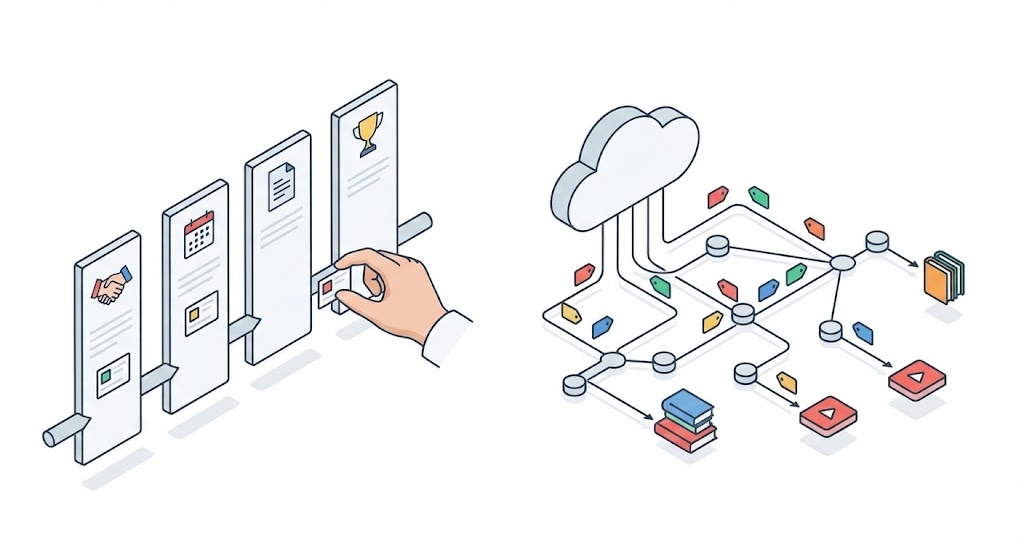 Ilustración comparativa visual entre un proceso de ventas manual y un sistema automatizado basado en etiquetas en la nube