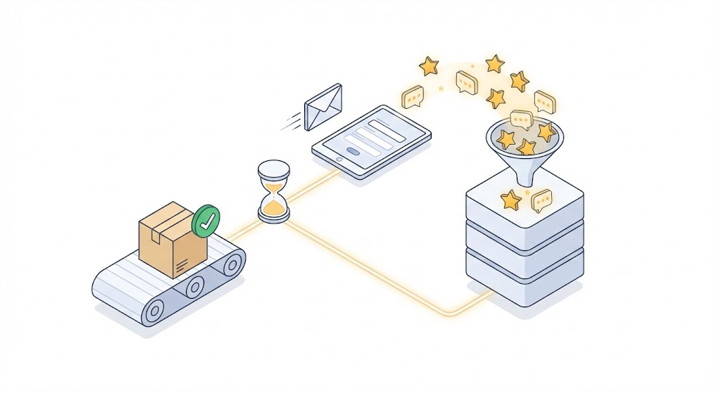 Ilustración isométrica del flujo de automatización para recolectar testimonios y reseñas de clientes